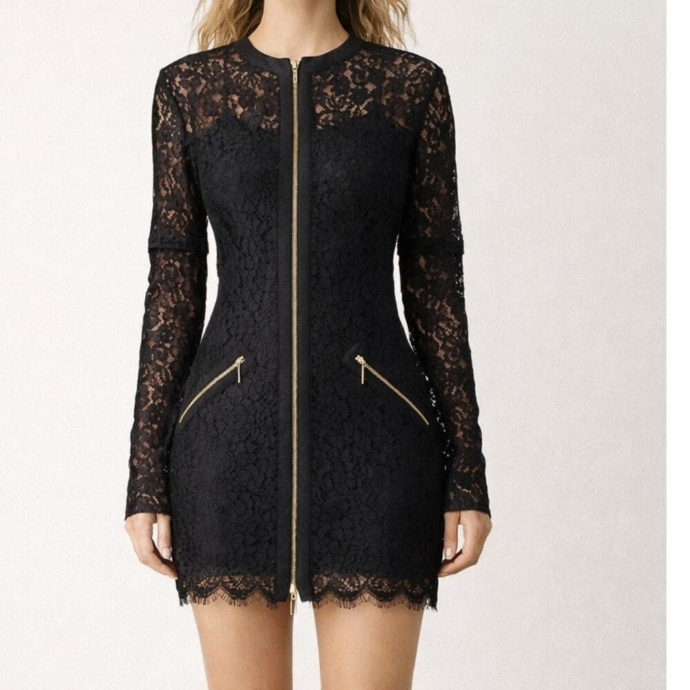 Rachel Zoe Dress Mini Womens Size 2 Black Lace Sheer Zip Front Gold Pockets Sexy